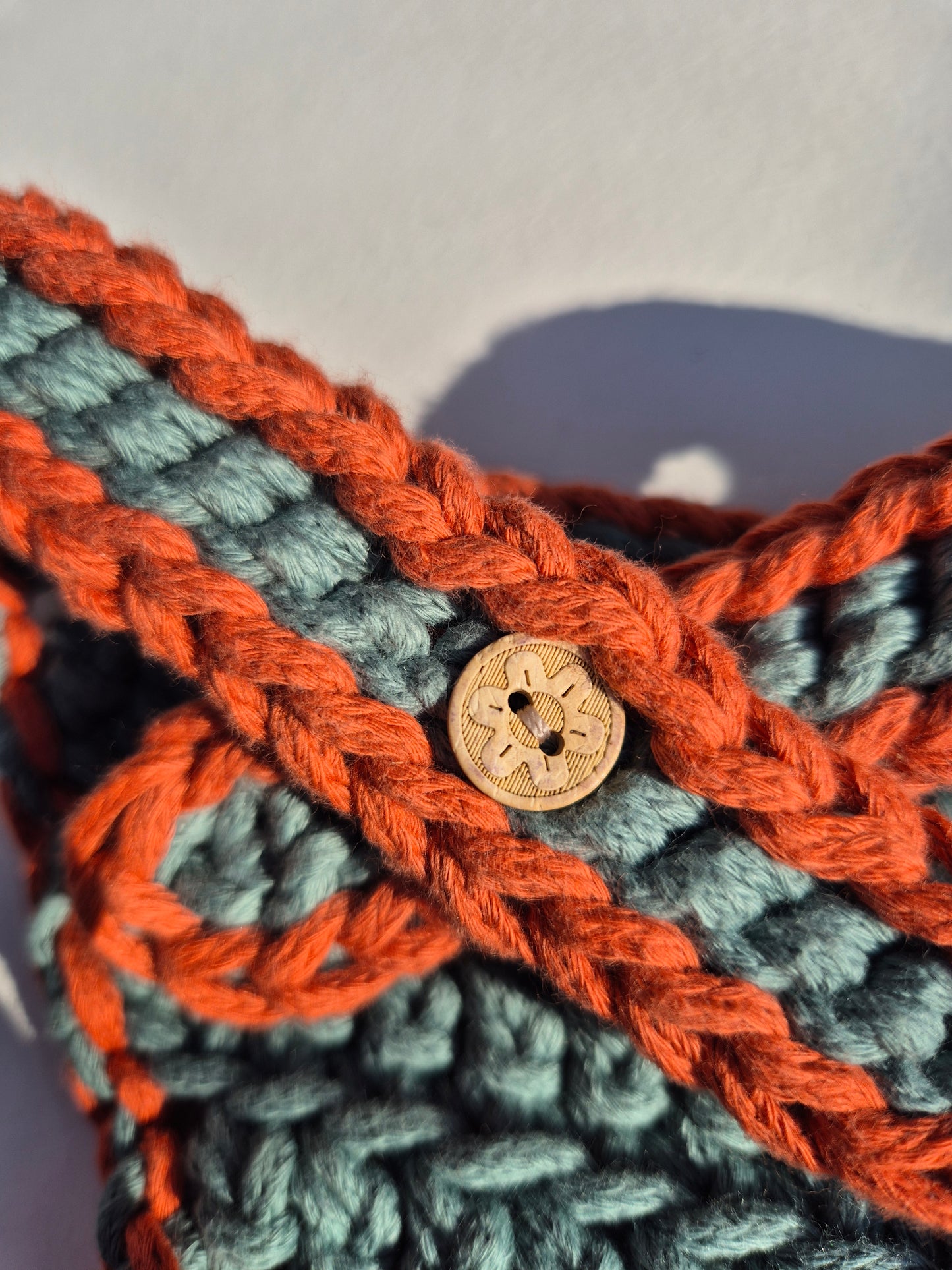 Teal and rust crocheted bandana